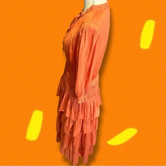 NWT Maje Orange ‘Radjinette’ Tiered Ruffle Satin Midi Dress French Size 42 = XL - Picture 7 of 16